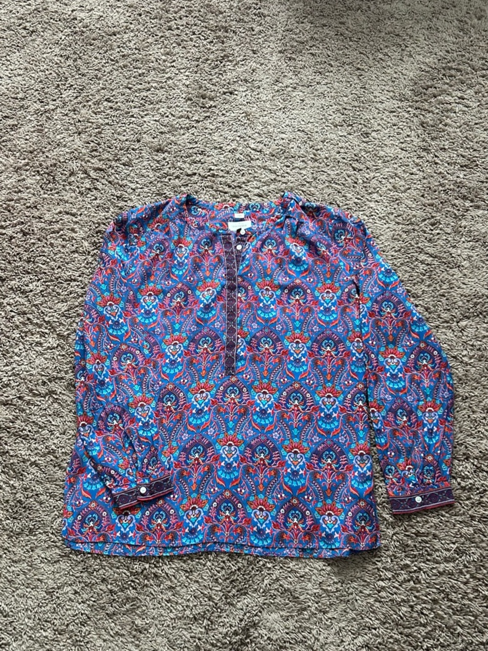 LOFT Paisley Button-Neck Blouse in Blue, Purple & Red